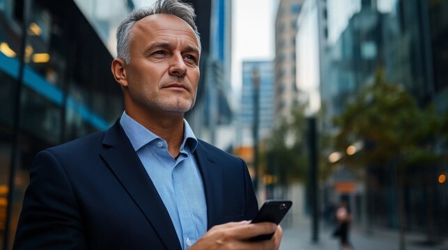 Mature man with phone in urban setting.