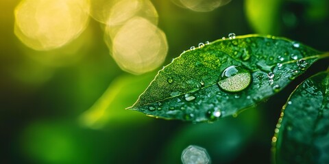 Close-up of a dewdrop on a green leaf.