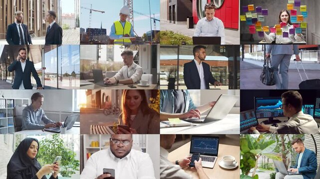 Multi screen business collage made of many different footages with business people working in office or outdoor. Technology, investment, money and teamwork concept.