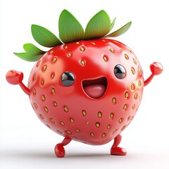 Obraz premium Cute Happy Strawberry Isolated on White Background, Cartoon Character - Mascot