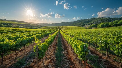 Serene Vineyard Bliss - Scenic Grapevines in Lush Vineyard against Clear Blue Sky