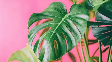 Obraz premium Close-up of a green monstera leaf against a pastel pink background, tropical plant with vibrant colors