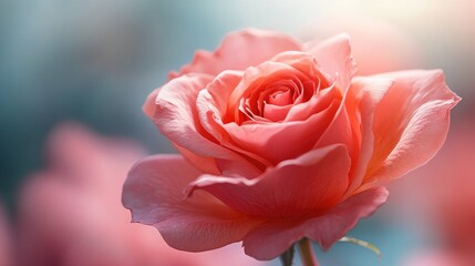 Close-up of a pink rose in full bloom, delicate petals and soft light, romantic and natural beauty concept