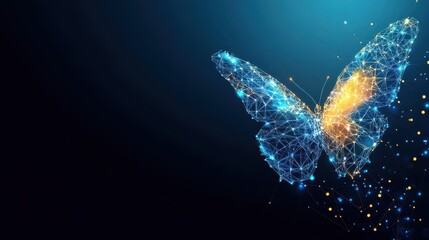 Low-poly butterfly in flight against tech-inspired background
