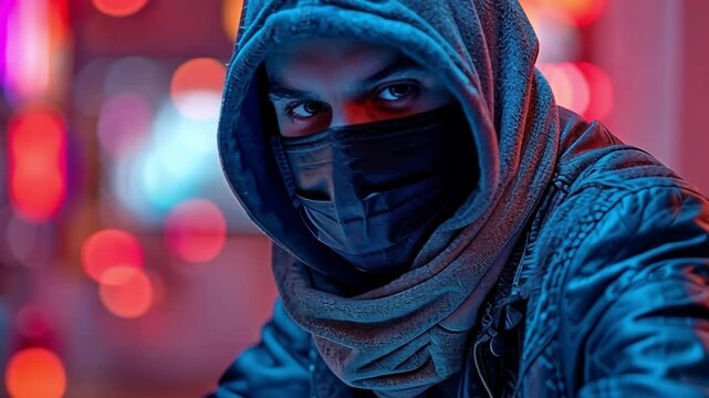Man wearing a mask connects to the darknet to seek for information, hacks a bank system, and uses a stolen credit card to purchase illicit services via the cloud.