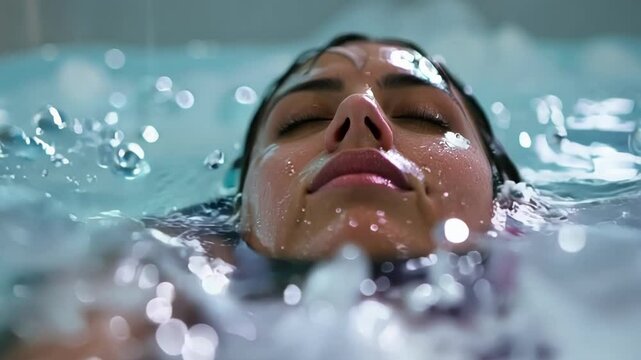 Woman is enjoying the benefits of cold therapy, immersing herself in a bathtub filled with ice water. She is focused on her breath and the sensations of the cold