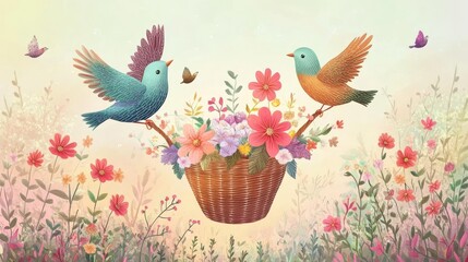 Naklejka premium Bird flower basket portfolio.