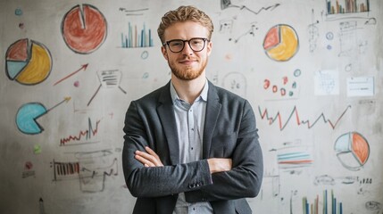 Businessman and wall with drawn charts.