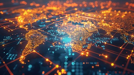 Obraz premium Global Network: Connected World Map Illustrating International Data Transfer and Cyber Technology