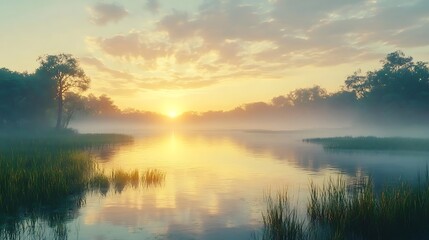 Fototapeta premium Sunrise Over Misty Lake with Green Grass and Trees - Realistic Image