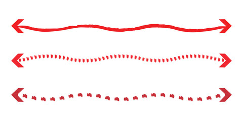 Horizontal long arrow vector. Horizontal dual sided long straight arrow signs. Black, red, stock pointer, direction, position symbol and double arrow icon. Long arrow icon set.