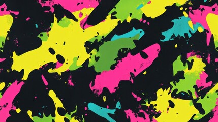 A vibrant abstract pattern featuring splashes of bright colors on a dark background.