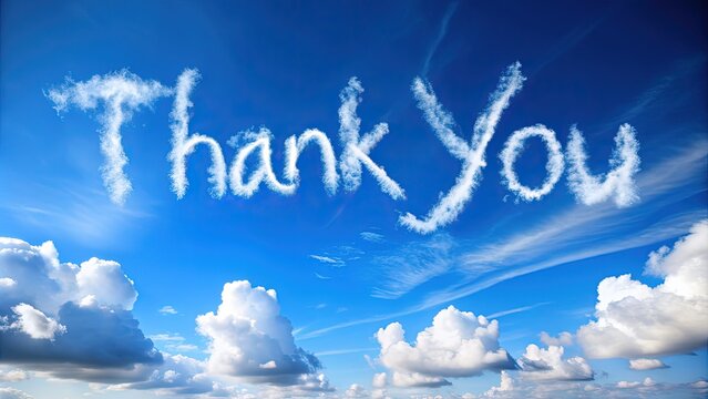 Vibrant thank you message written in bold, white clouds against a serene blue sky with a few wispy strands, evoking feelings of gratitude and appreciation.