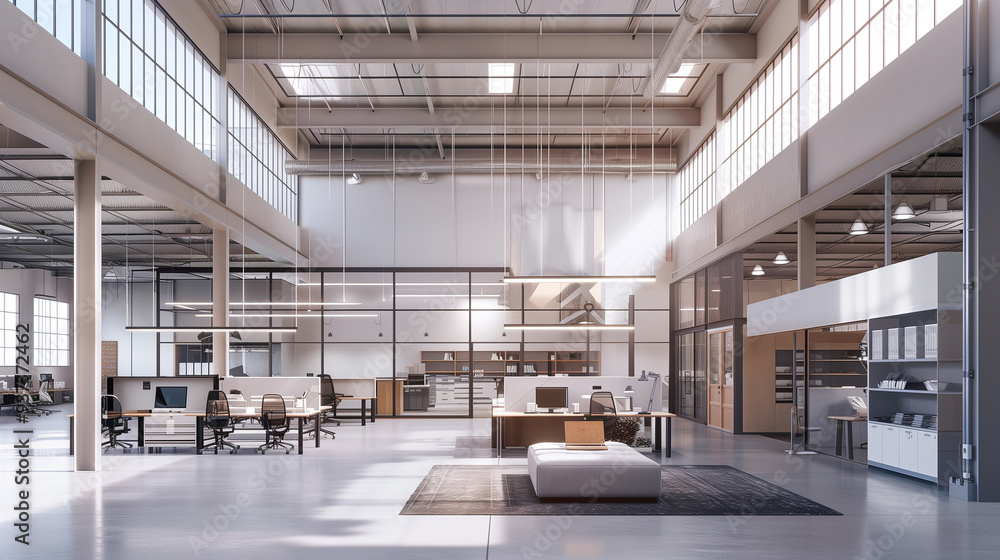 Poster a multifunctional warehouse space with modular furniture that can be easily rearranged. incorporate 