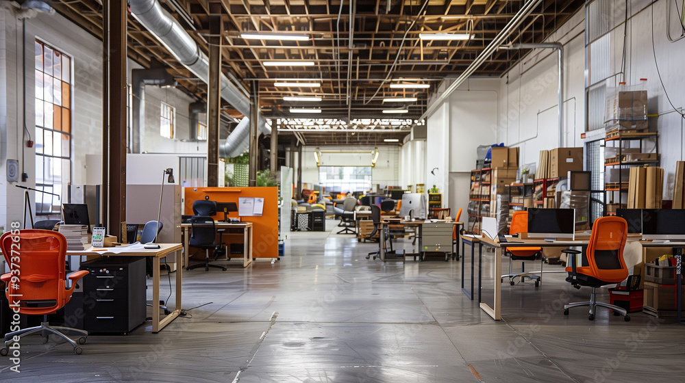 Poster a multifunctional warehouse space with modular furniture that can be easily rearranged. incorporate 