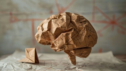 Abstract Origami-Style Human Brain with Mathematical Equations, Symbolizing Mathematical Intelligence