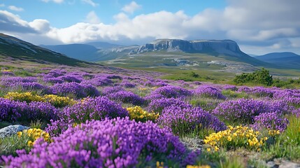 Purple Wildflowers Blooming in Mountain Meadow Landscape Photo