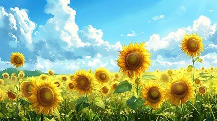 A vibrant field of sunflowers under a bright blue sky with fluffy clouds, depicting nature's beauty.