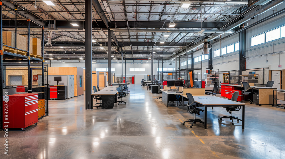 Poster a multifunctional warehouse space with modular furniture that can be easily rearranged. incorporate 