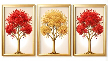 set of three vertical poster, golden tree design