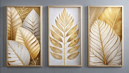 set of three vertical poster, modern abstract golden and white leaf wall art canvas print