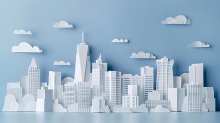 Fototapeta premium Urban Origami - Intricate Paper Cutout City Skyline with Skyscrapers and Office Buildings