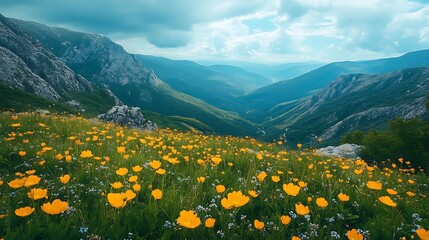 Fototapeta premium Mountain Meadow Landscape Photo with Yellow Flowers