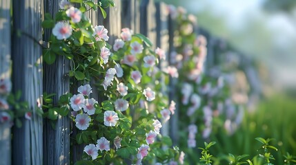 Obraz premium A serene scene of flowers climbing a wooden fence in a tranquil outdoor setting.