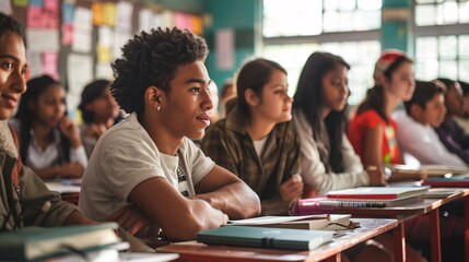 Engaged Students in Classroom Listening to Teacher's Lecture with Books and Notebooks on Desks