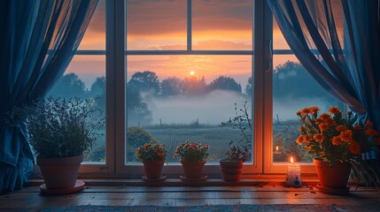 Dawn Breaking: Serene Landscape Viewed Through Window