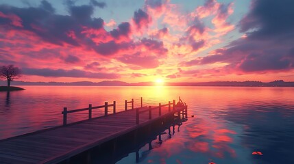 Fototapeta premium Stunning Sunset Landscape With Dock and Mountains Illustration
