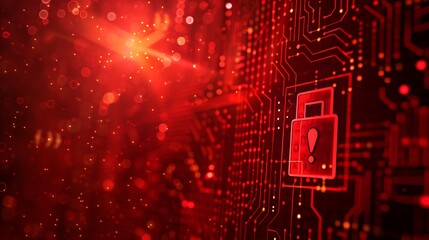 Obraz premium Red digital background with a warning sign and exclamation mark, an illustration of a cybersecurity system in a dark red color scheme