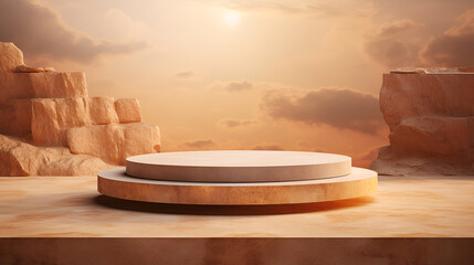 Fototapeta premium Stone platform on sand for product display. golden hour light