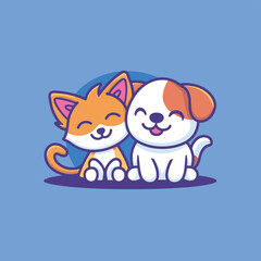 Adorable cartoon cat and dog sitting together on a blue background, showing friendship and happiness.