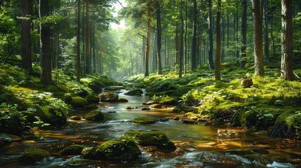 Obraz premium Serene Forest Bliss: Tranquil Woodland Scene with Babbling Stream