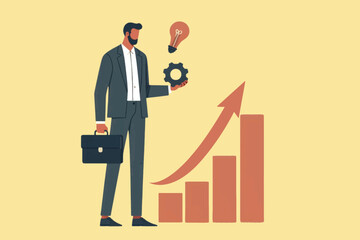 illustration of a businessman catching a light bulb and setting gears, processing to increase the income graph, symbolizing wealth and innovation. Ideal for business, finance and creativity concepts