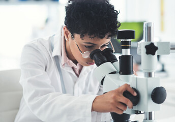 Science, lab and woman with research on microscope for biochemistry analysis, bacteria and study....