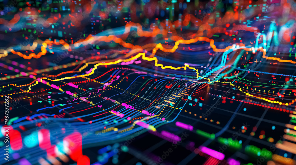 Poster forex colorful diagrams and stock market data with lines and dynamics.