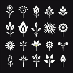 A collection of flower and leaf icons in various sizes and styles. The collection is black and white and he is a set of icons for a design project