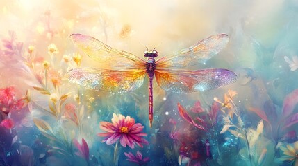 Enchanting dragonfly in a colorful fairy garden, watercolor style, ideal for a child's room, blending mystical elements with soft pastel tones