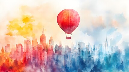Fototapeta premium Dreamy watercolor painting of a hot air balloon floating over a vibrant city, in soft pastel hues, perfect for inspiring creativity in a child's room