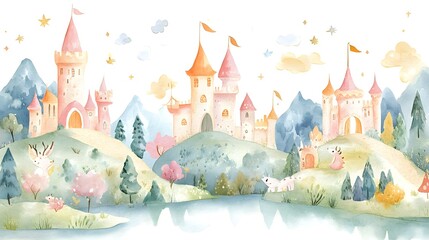 Fototapeta premium A pastel watercolor scene with castles and friendly dragons, creating a whimsical world perfect for a child's room, full of imagination and wonder