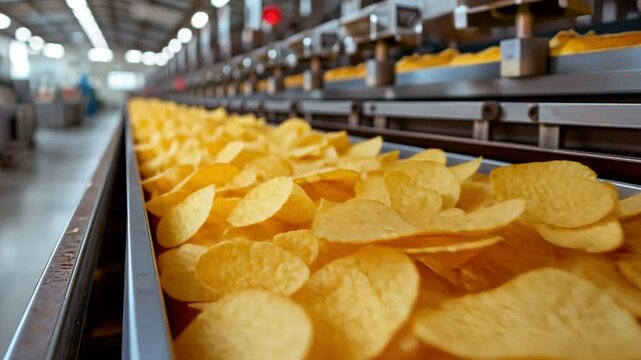 Production line for potato chips in a food processing facility. snack machine filling machines,