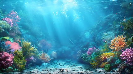 Fototapeta premium A vibrant underwater scene showcasing colorful corals and marine life illuminated by sunlight.