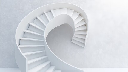 A modern white staircase against a plain background, photographed from above to create a spiraling geometric pattern, more clarity with clear light and sharp focus, high detailed