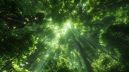 Obraz premium A vibrant forest scene with sunlight filtering through dense greenery.