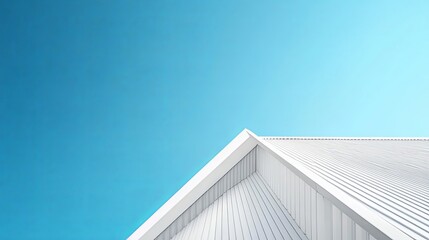 A minimalist image of a white, slanted roof extending towards the sky, the angle of the roof leading the viewer’s eye upwards into the clear blue background, more clarity with clear light and sharp