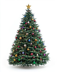 Fototapeta premium A large, multi-colored Christmas tree with many ornaments and a star on top. The tree is the focal point of the image and is surrounded by a white background
