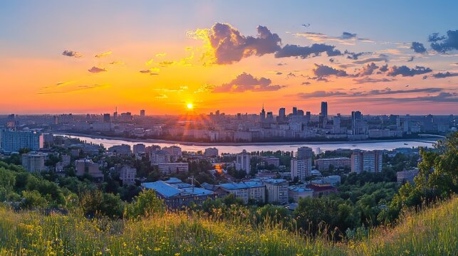 Kiev from Peremogy park at sunset in May.