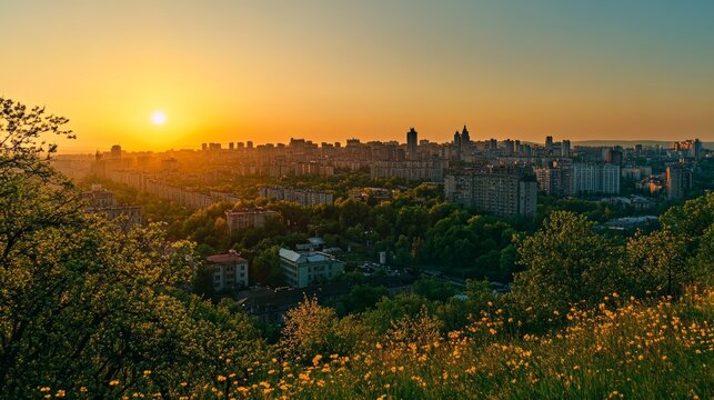 Kiev from Peremogy park in May sunset.